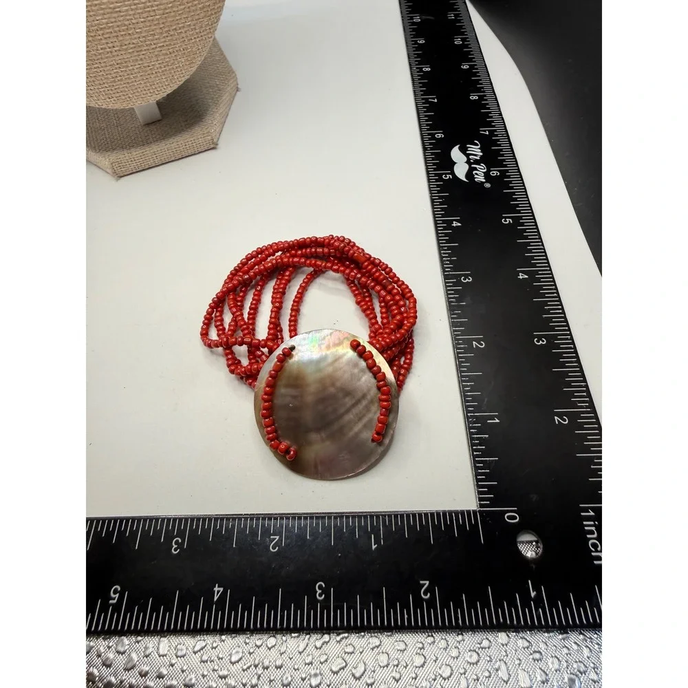 Red Seed Bead Multi Strand Bracelet Mother‎ of Pearl Shell Iridescent Statement